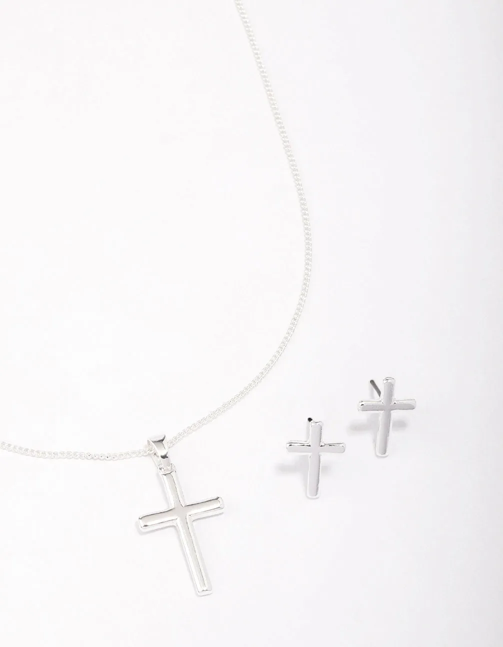 Silver Plain Cross Jewellery Set