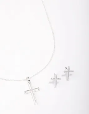 Silver Plain Cross Jewellery Set