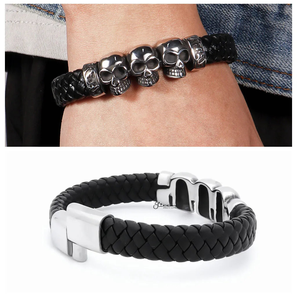 Skull Heads Braided Leather Bracelet