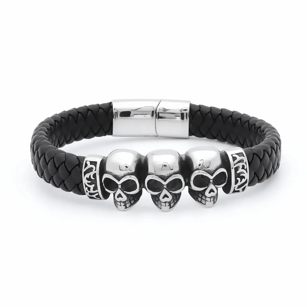 Skull Heads Braided Leather Bracelet