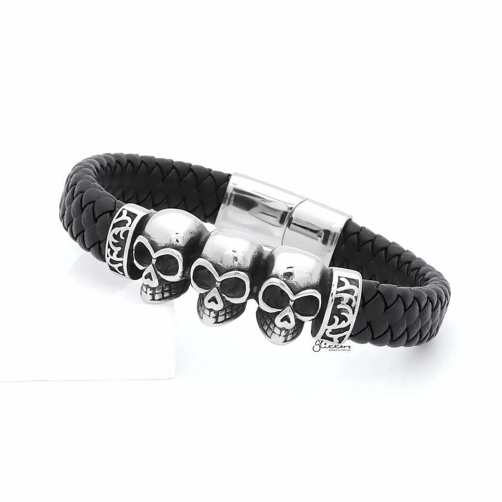 Skull Heads Braided Leather Bracelet