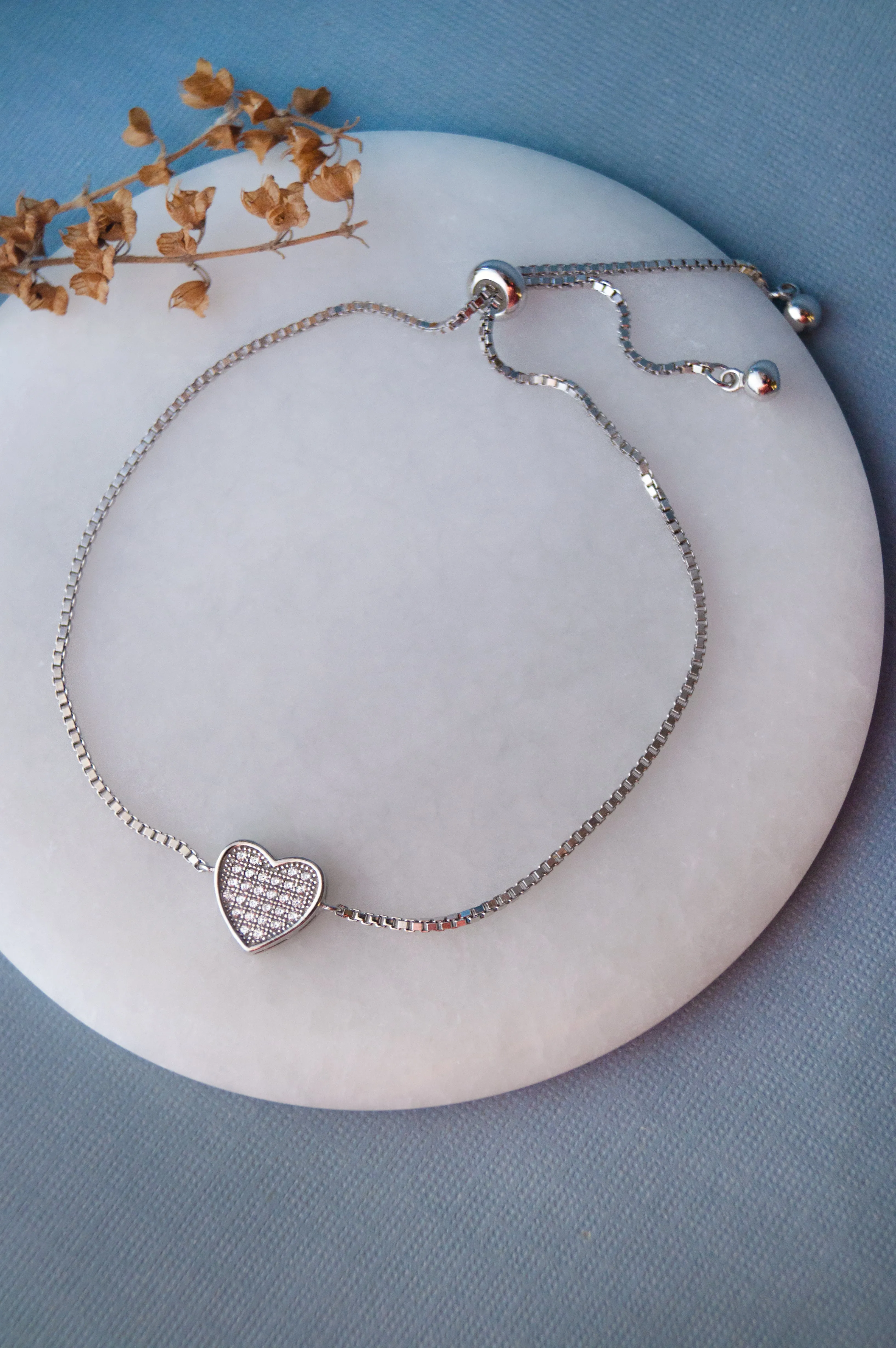 Sparkling Checkered Heart Rose Gold Plated Sterling Silver Pull Chain Bracelet