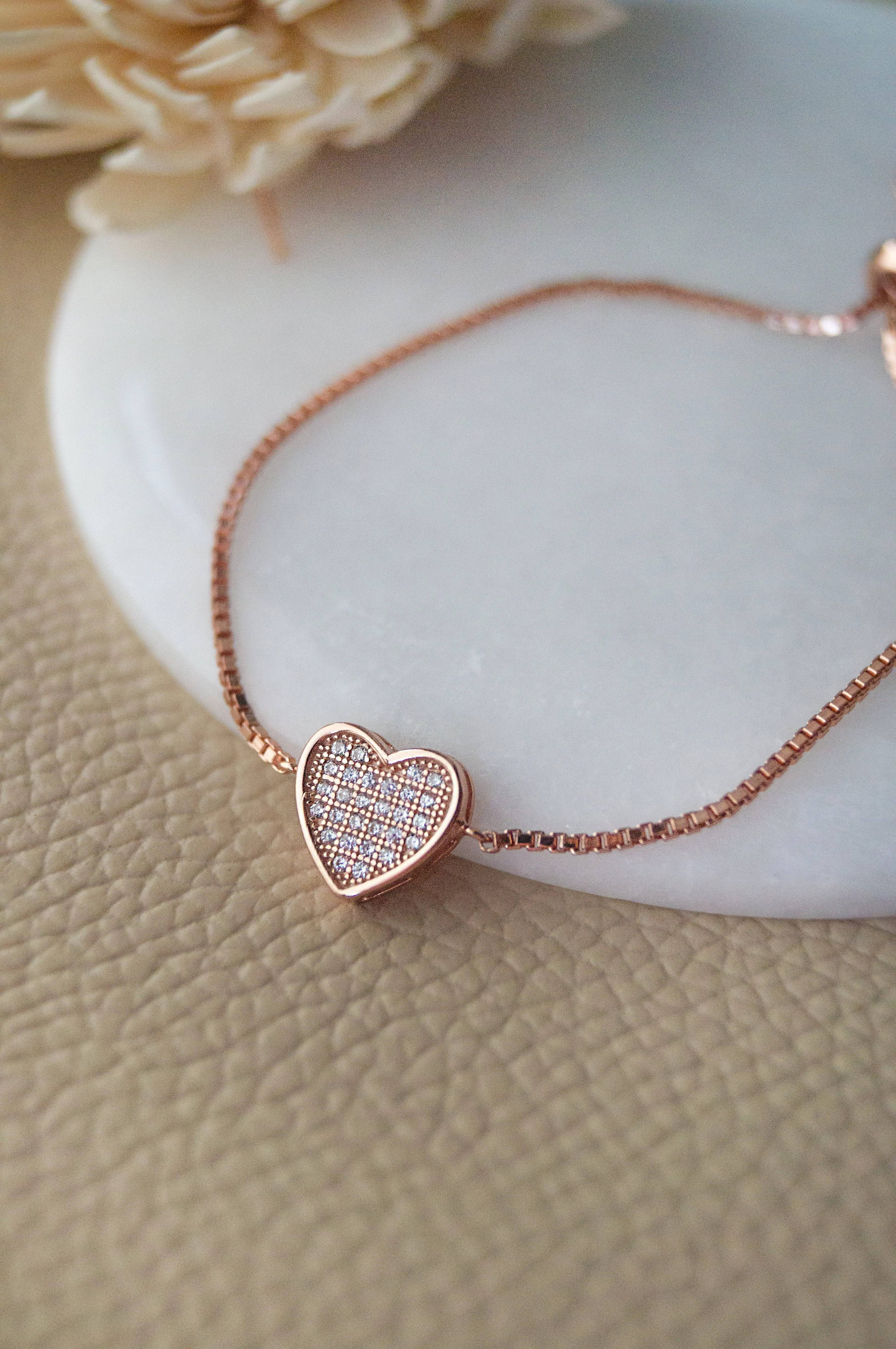 Sparkling Checkered Heart Rose Gold Plated Sterling Silver Pull Chain Bracelet