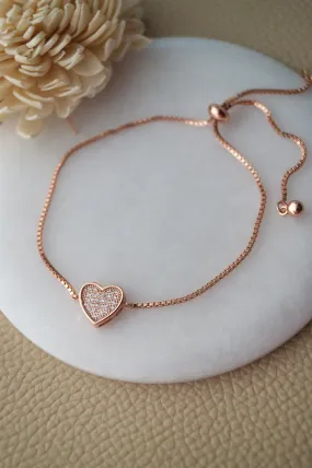 Sparkling Checkered Heart Rose Gold Plated Sterling Silver Pull Chain Bracelet