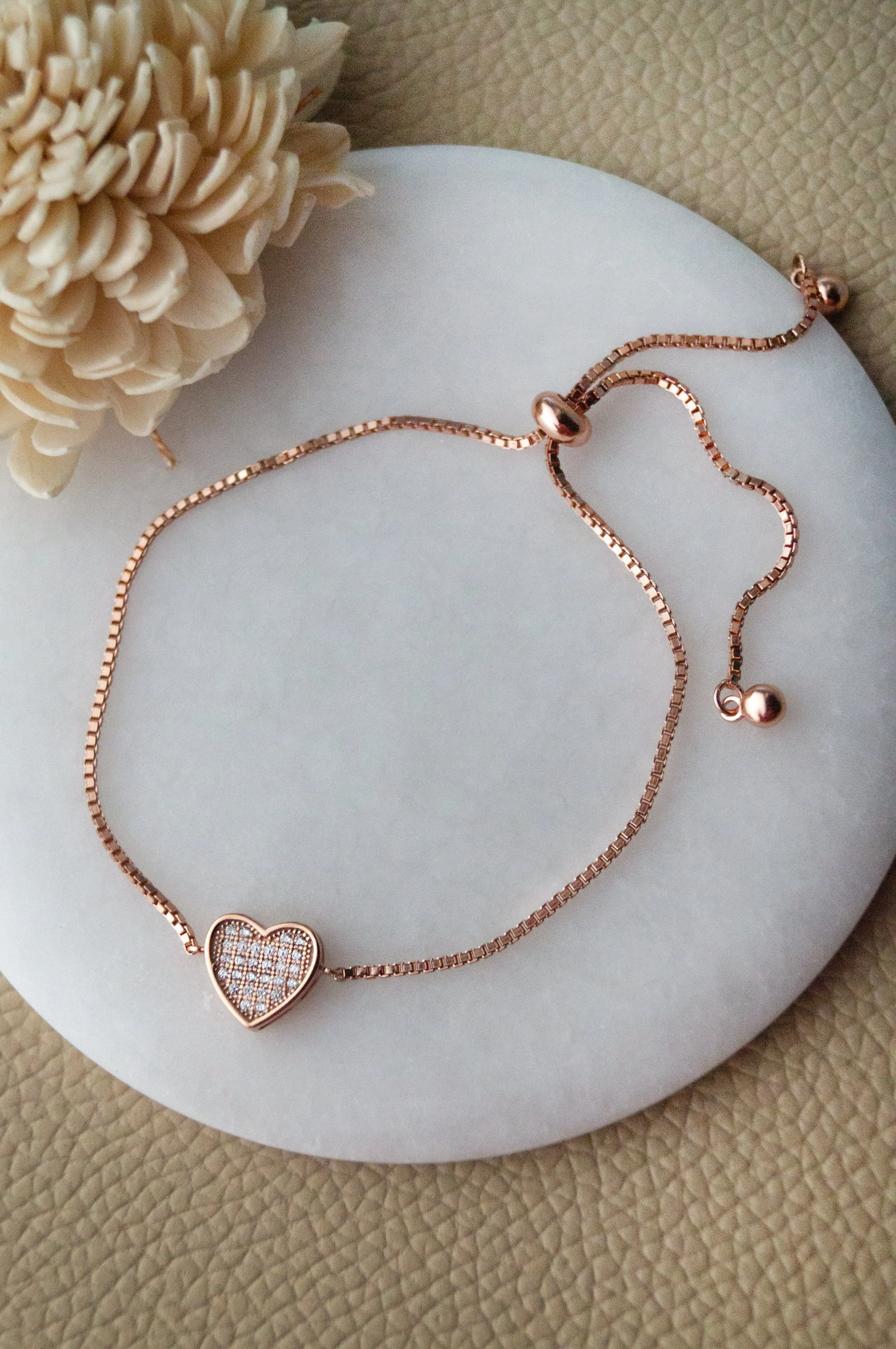 Sparkling Checkered Heart Rose Gold Plated Sterling Silver Pull Chain Bracelet