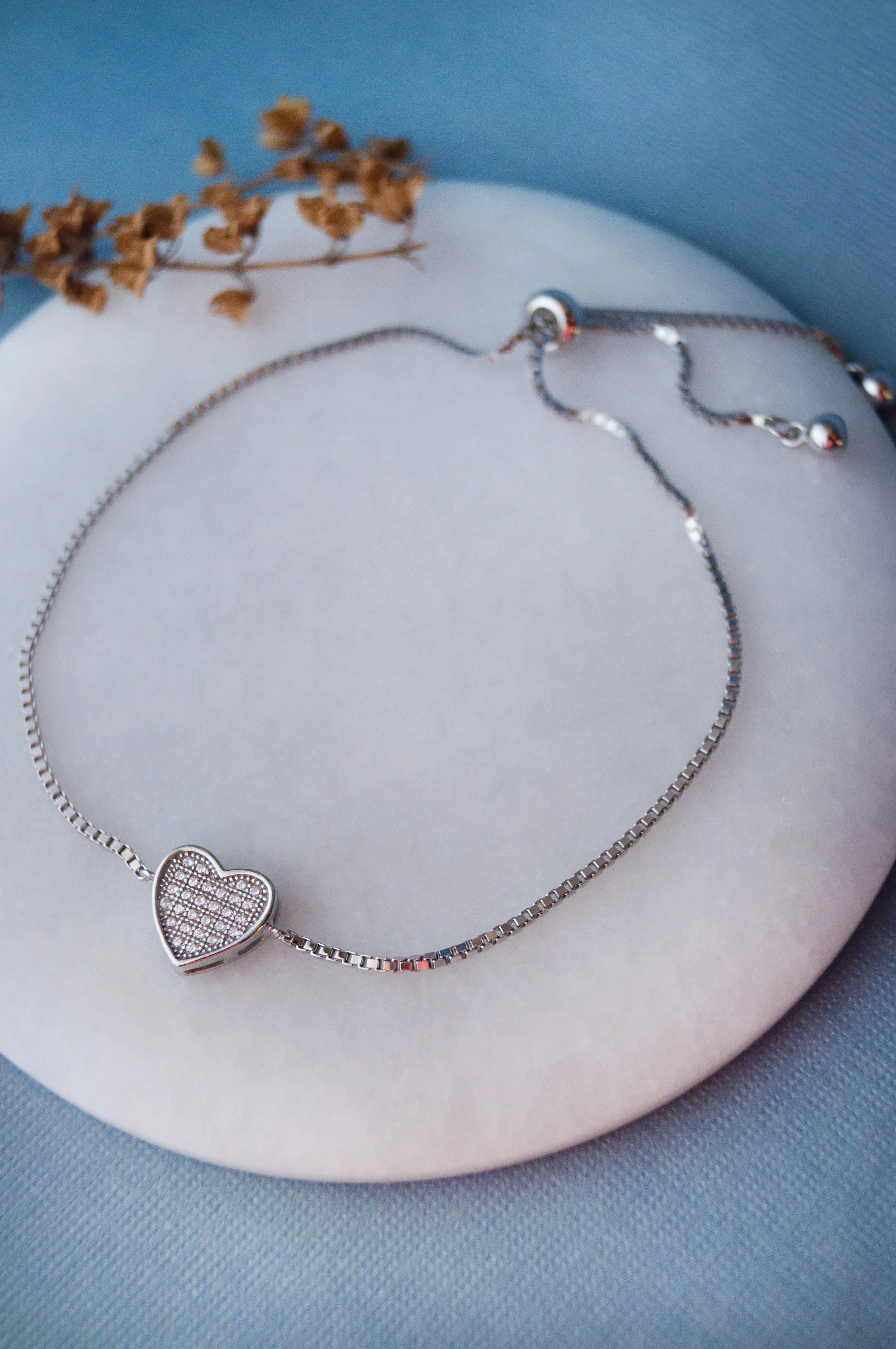 Sparkling Checkered Heart Rose Gold Plated Sterling Silver Pull Chain Bracelet