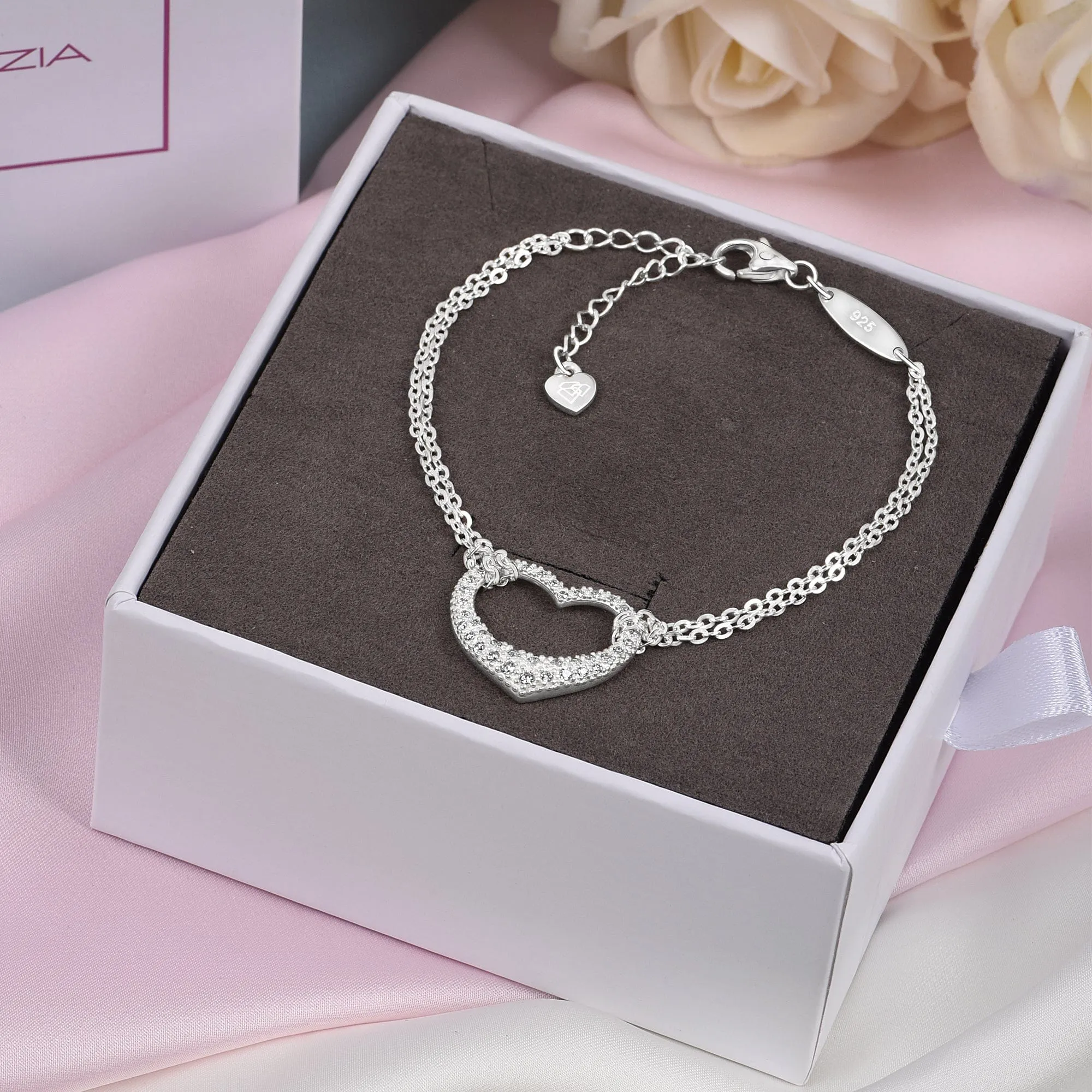 Sparkling CZ Open Heart Bracelet Silver Adjustable Bracelet