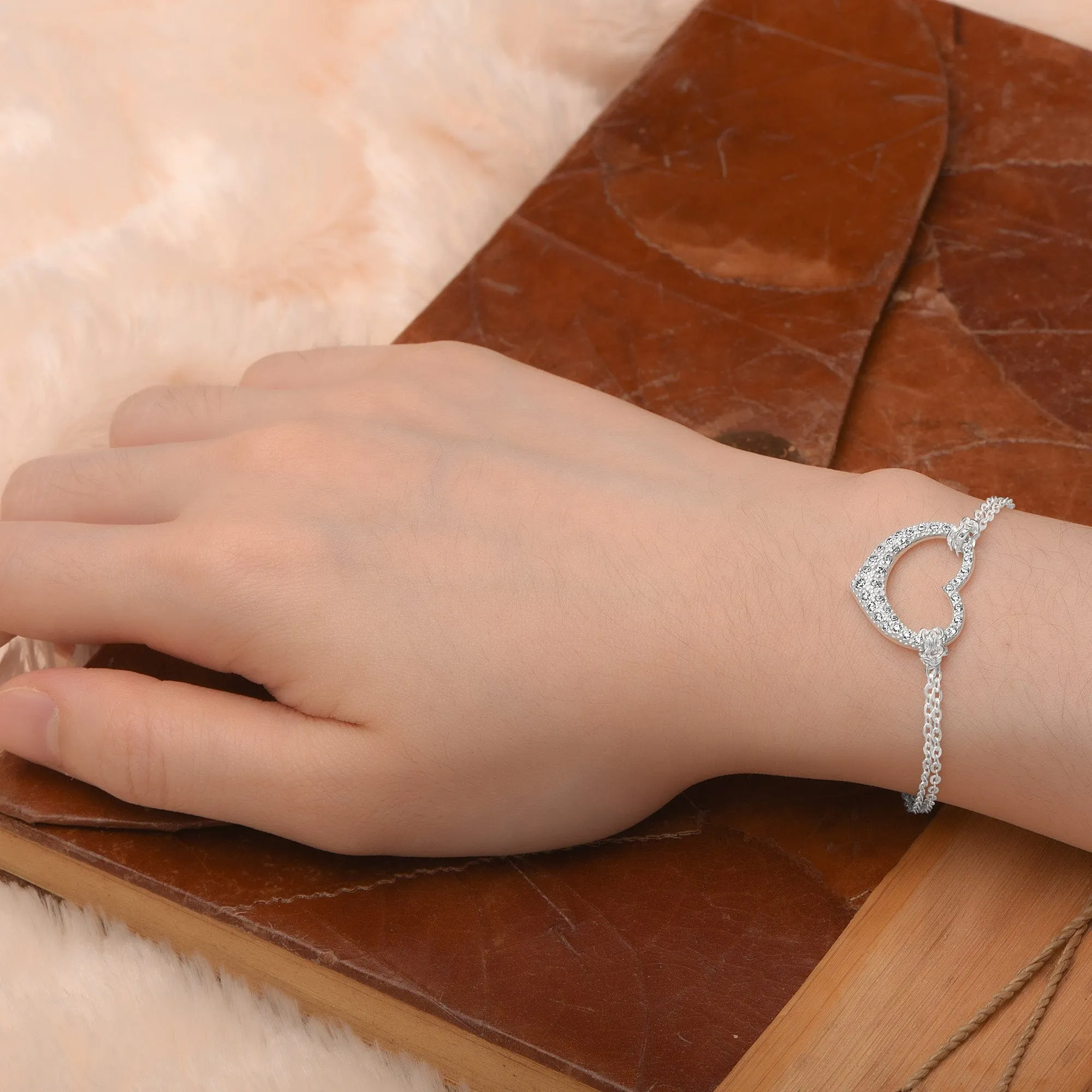 Sparkling CZ Open Heart Bracelet Silver Adjustable Bracelet