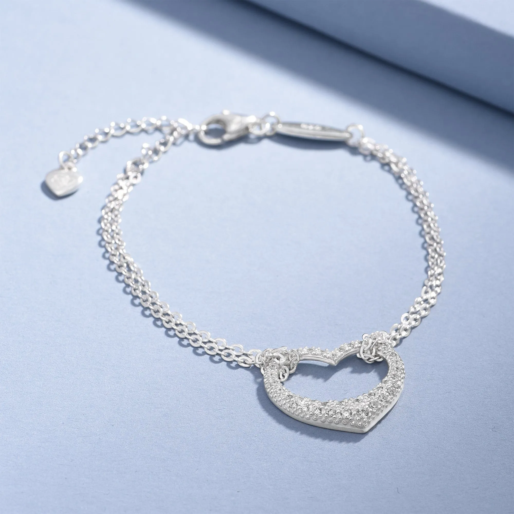 Sparkling CZ Open Heart Bracelet Silver Adjustable Bracelet