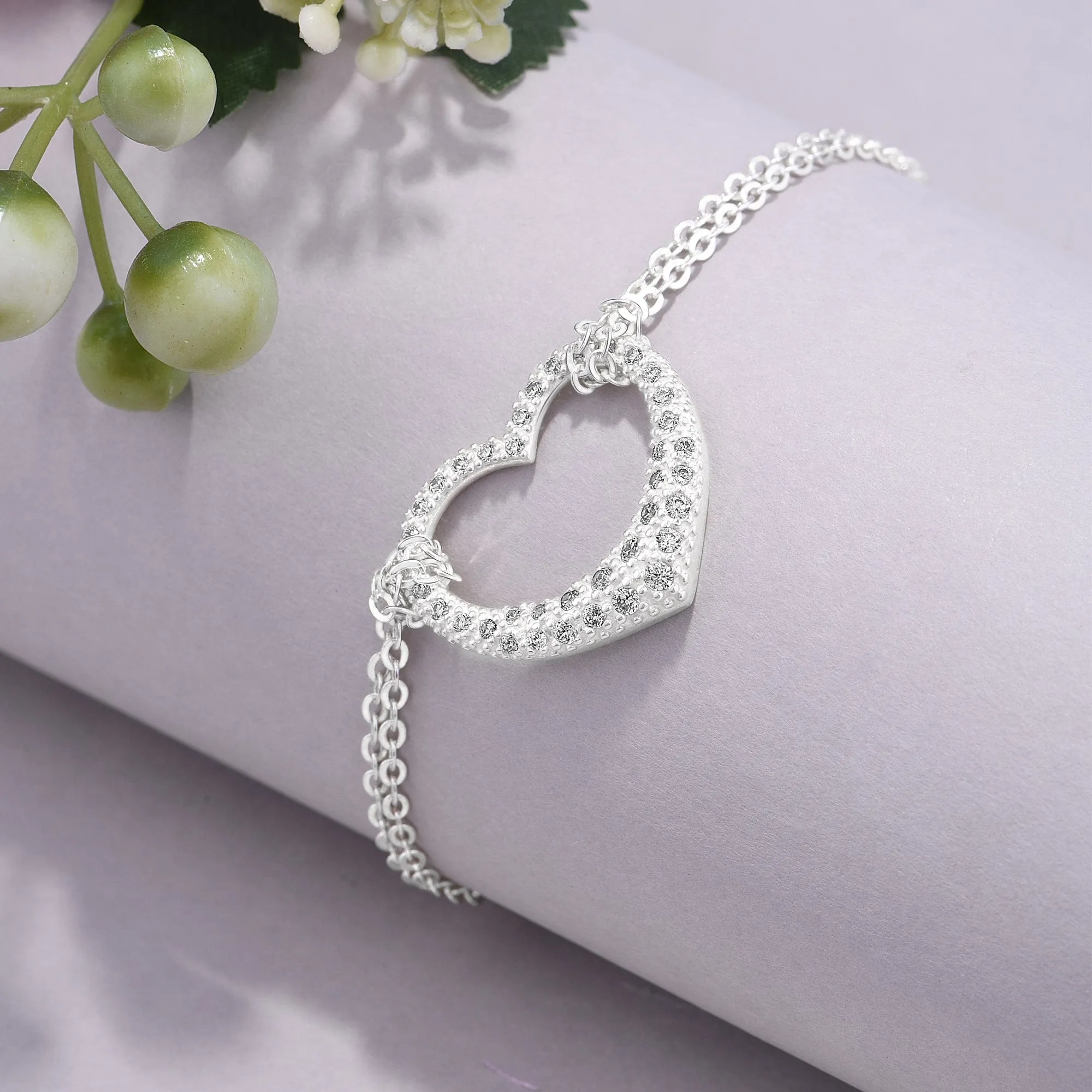 Sparkling CZ Open Heart Bracelet Silver Adjustable Bracelet