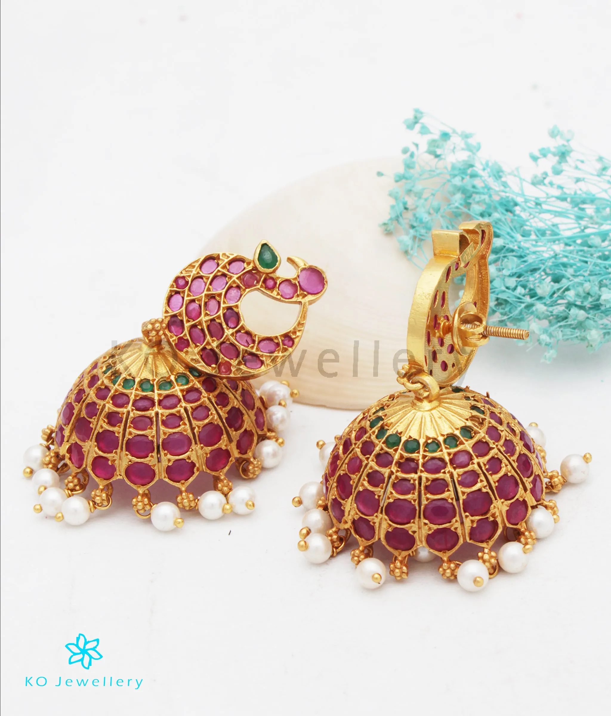 The Loukya Silver Peacock Jhumka (Red)