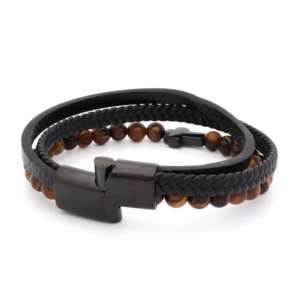 Tiger Eye Beads with Cross Multilayer Leather Bracelet