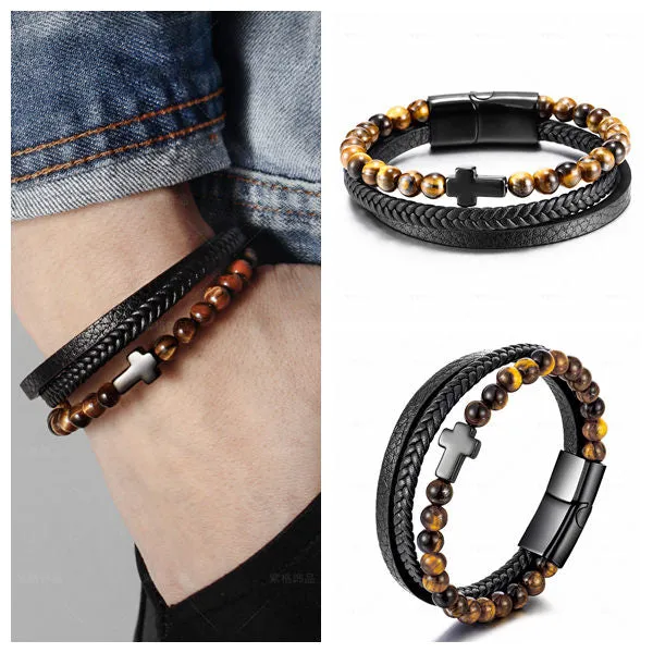 Tiger Eye Beads with Cross Multilayer Leather Bracelet