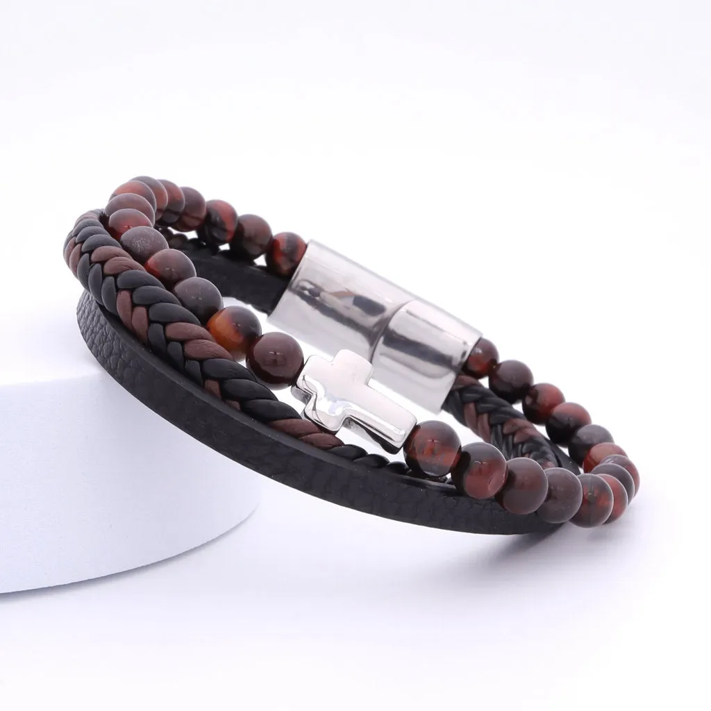 Tiger Eye Beads with Silver Cross Multilayer Leather Bracelet