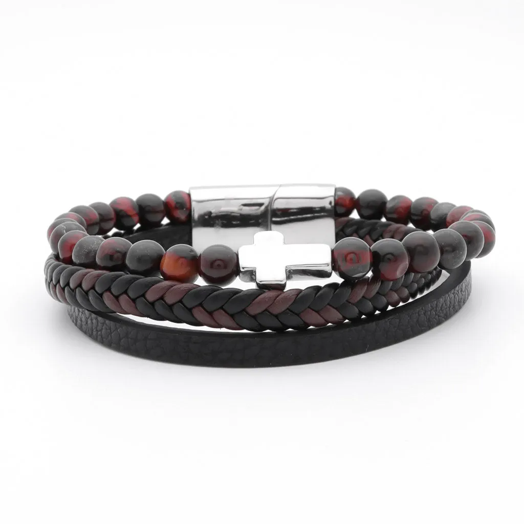 Tiger Eye Beads with Silver Cross Multilayer Leather Bracelet