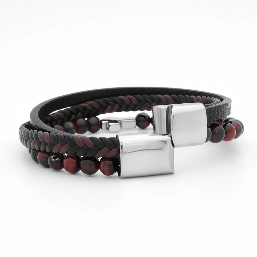 Tiger Eye Beads with Silver Cross Multilayer Leather Bracelet