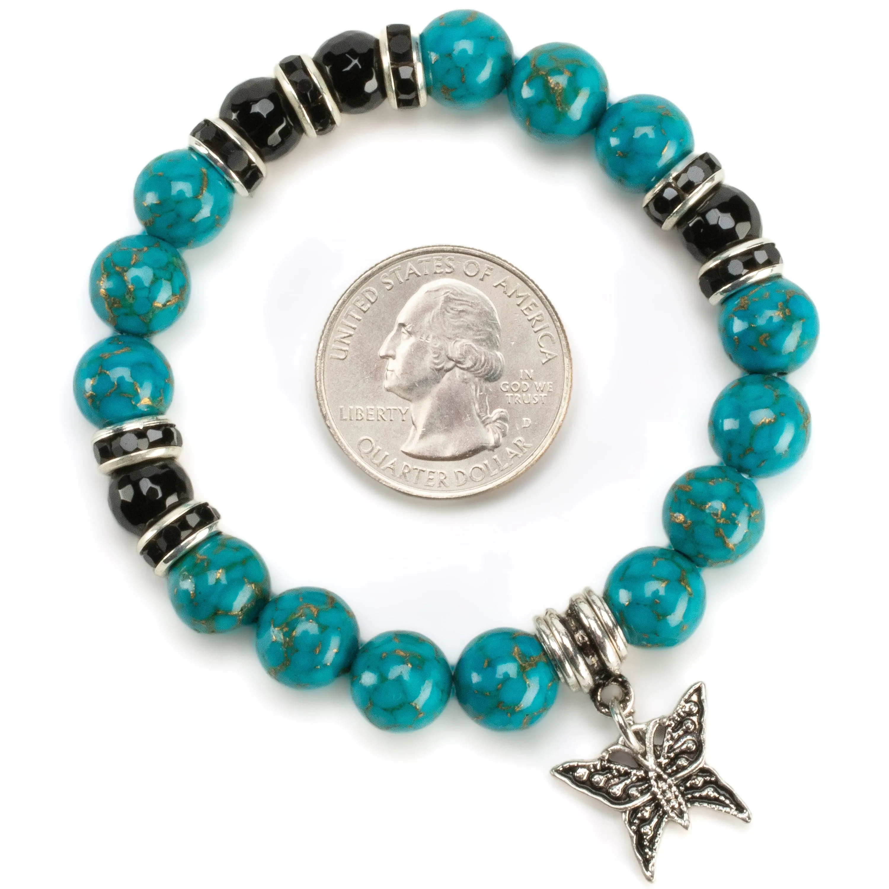 Turquoise 10mm Gemstone Elastic Bead Bracelet with Butterfly Accent Bead