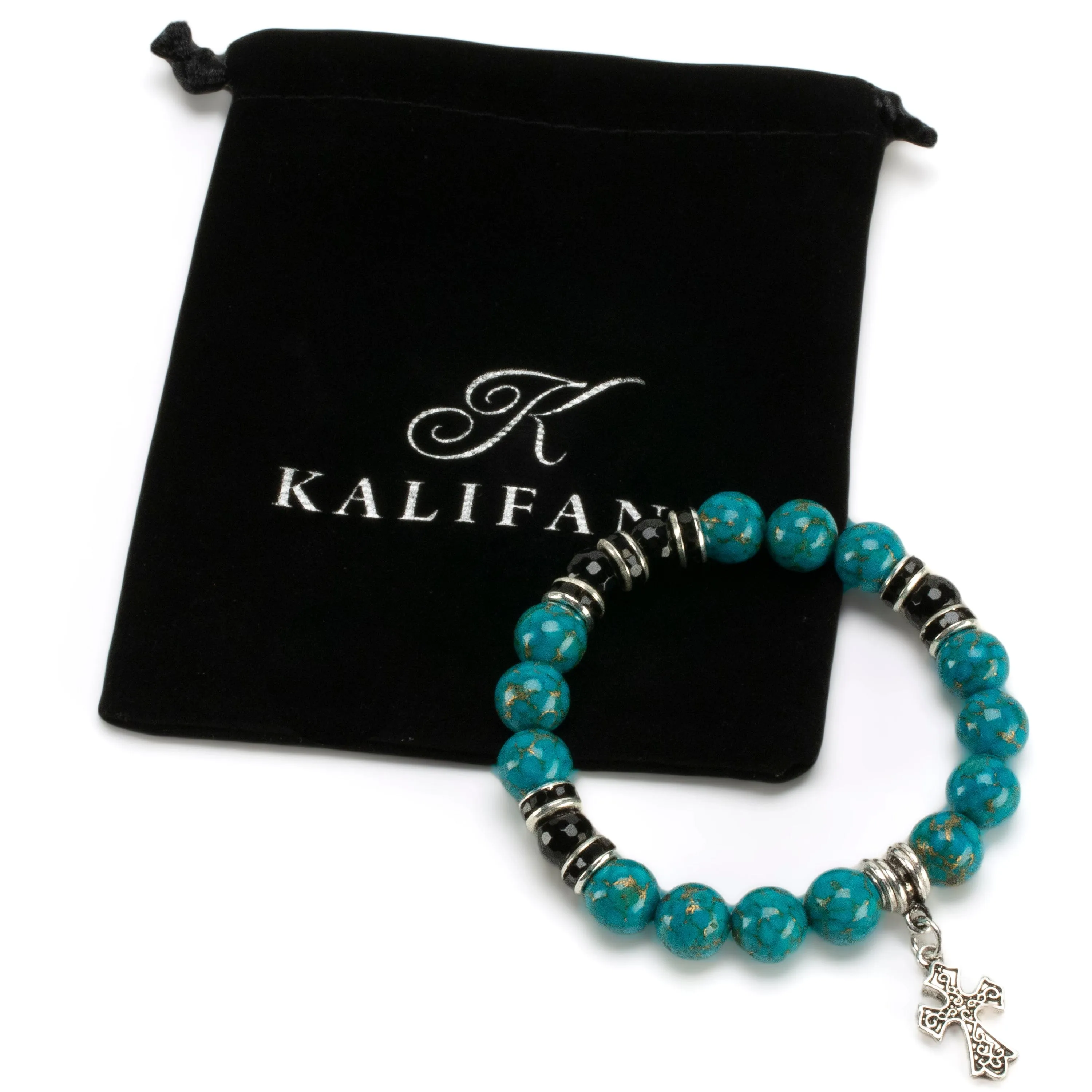 Turquoise 10mm Gemstone Elastic Bead Bracelet with Cross Charm & Black Agate Accent Beads