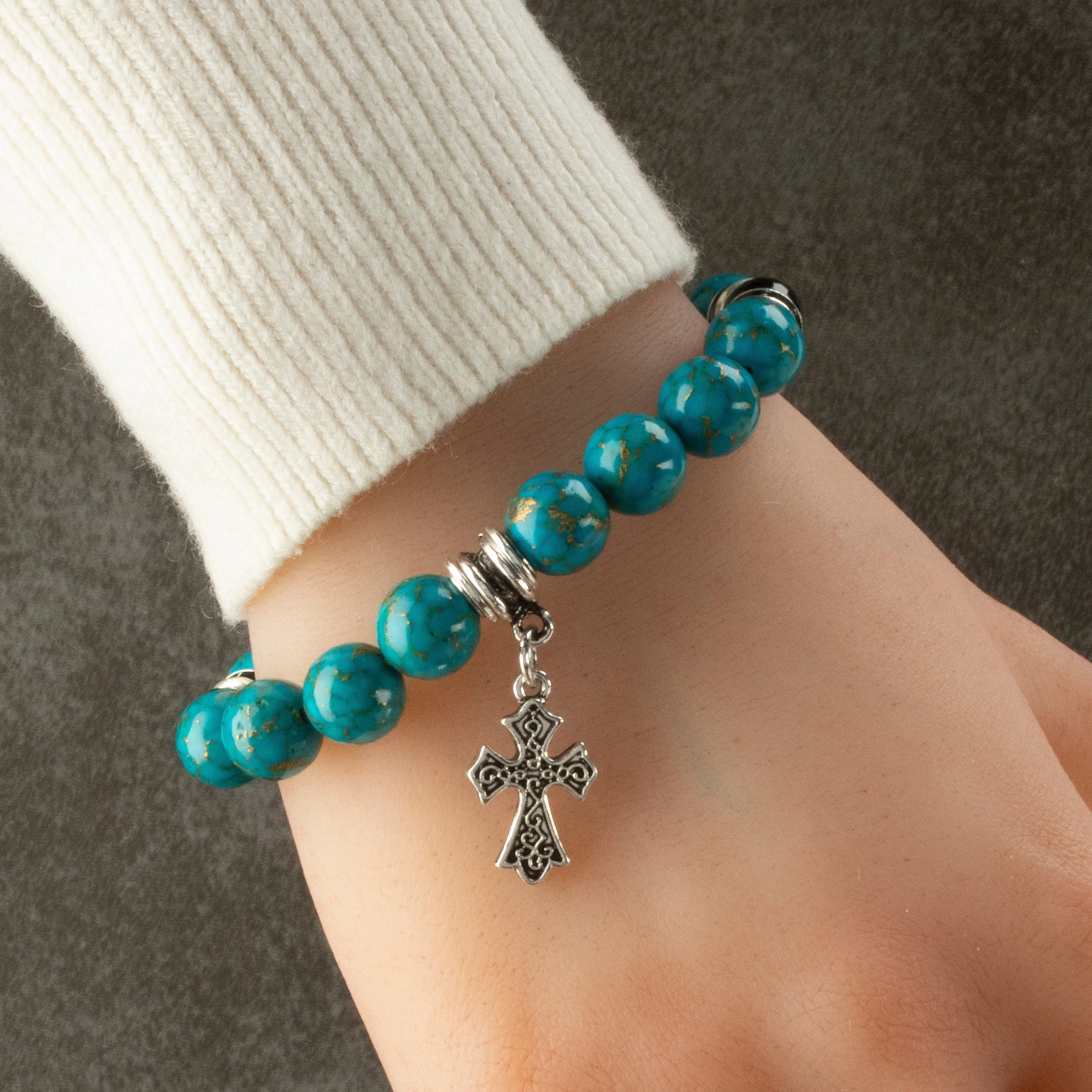 Turquoise 10mm Gemstone Elastic Bead Bracelet with Cross Charm & Black Agate Accent Beads