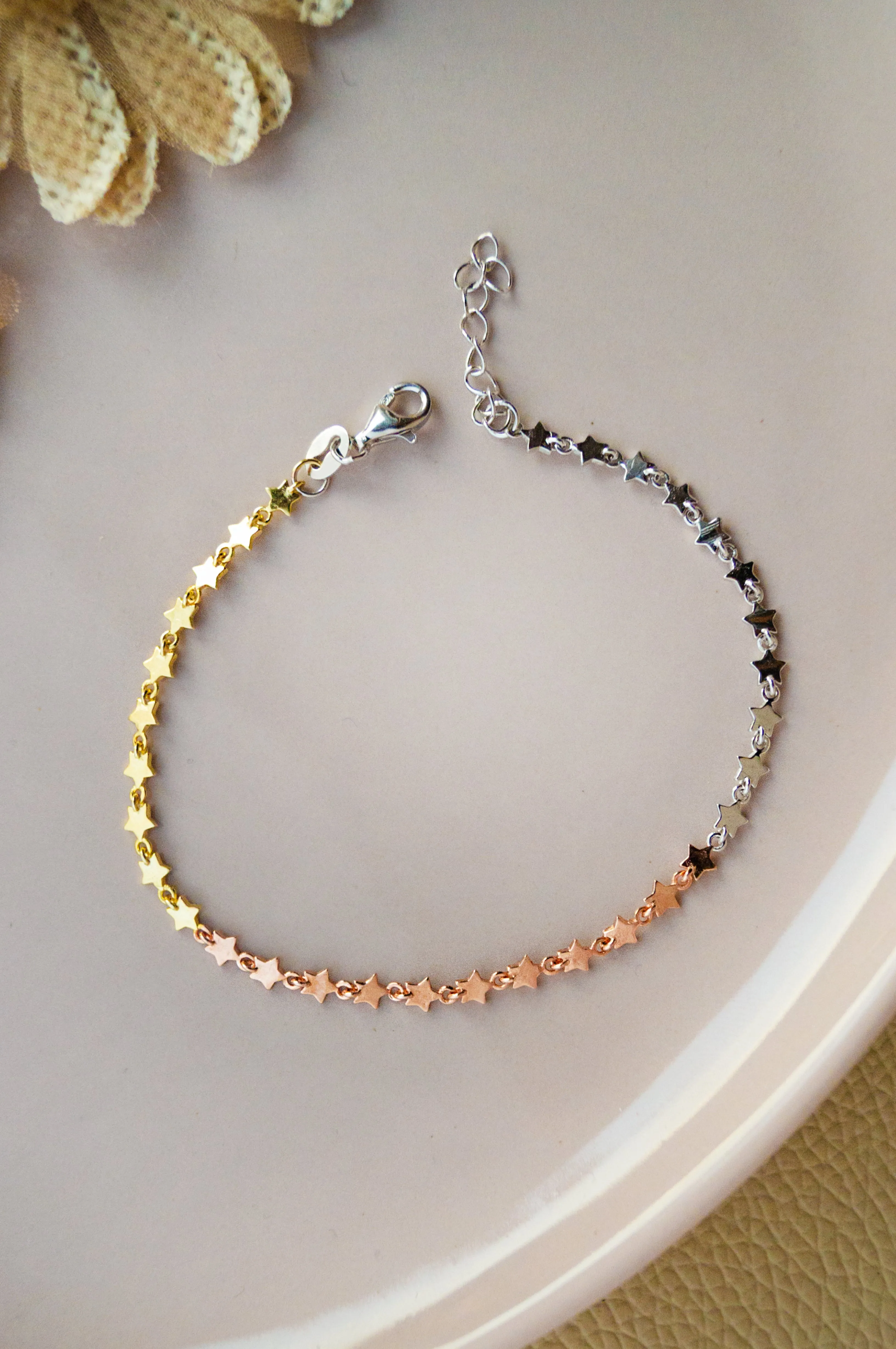 Twinkling Stars Studded 3 Tone Sterling Silver Chain Bracelet