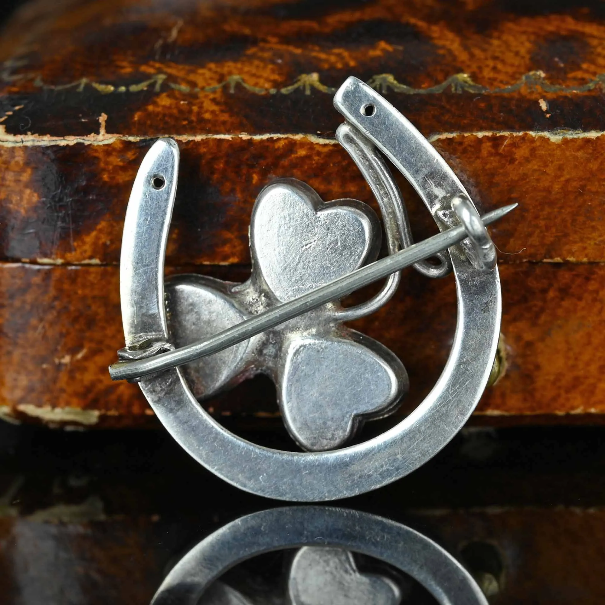 Victorian HorseShoe Connemara Marble Shamrock Brooch