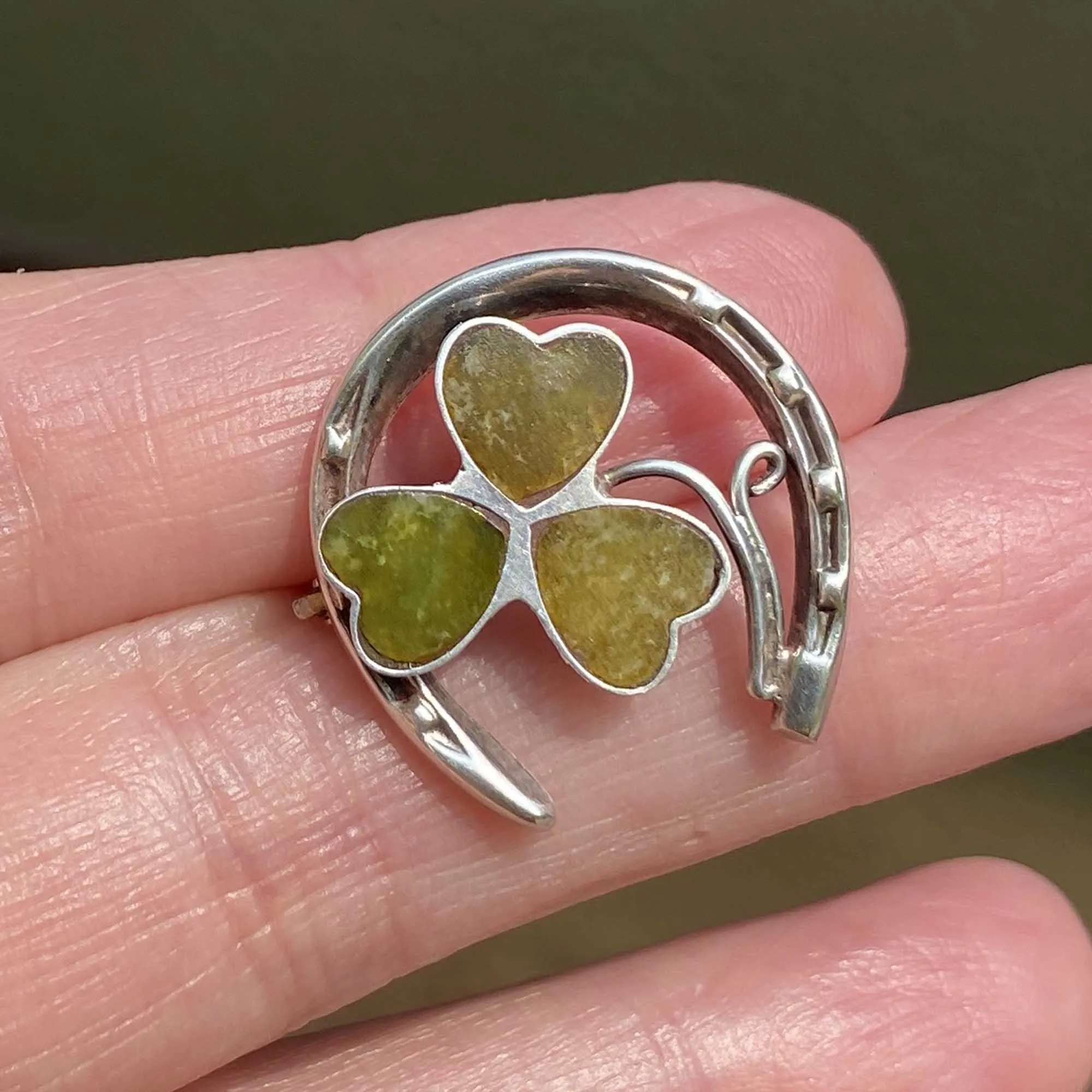 Victorian HorseShoe Connemara Marble Shamrock Brooch