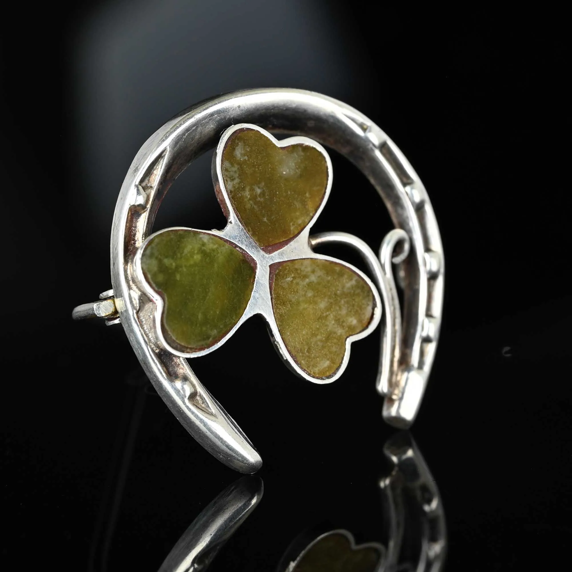 Victorian HorseShoe Connemara Marble Shamrock Brooch