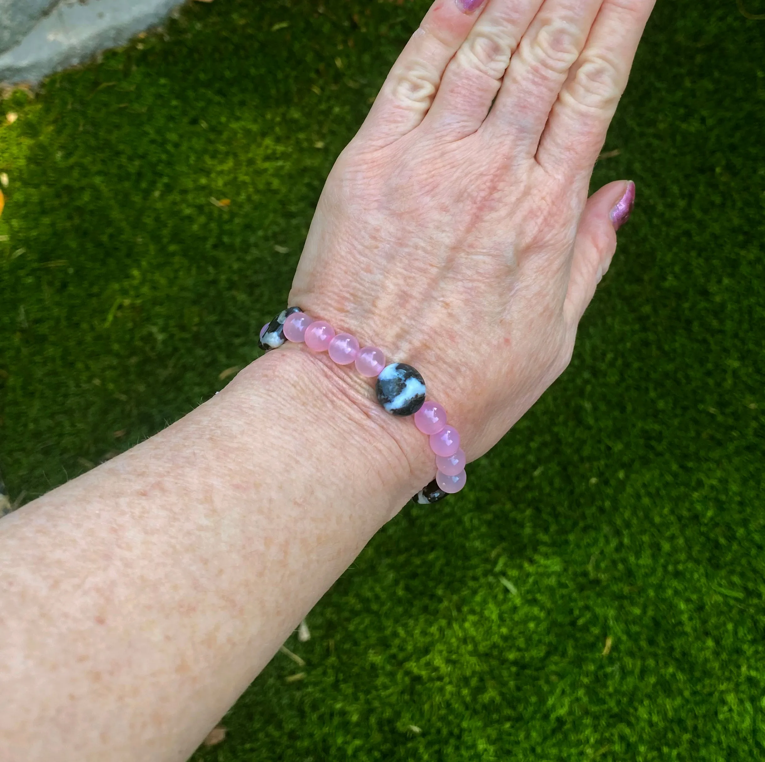 Women's Pink Agate and Zebra Jasper Gemstone bracelet