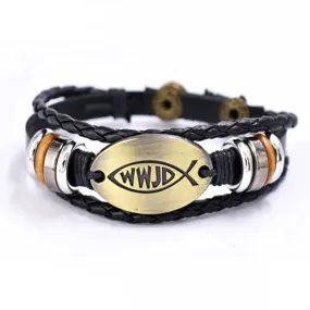 WWJD Fish Leather Bracelet  Jesus Religious Braided Bracelet