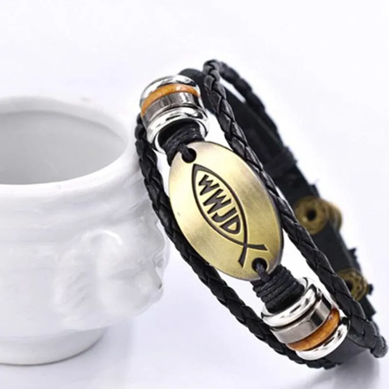 WWJD Fish Leather Bracelet  Jesus Religious Braided Bracelet