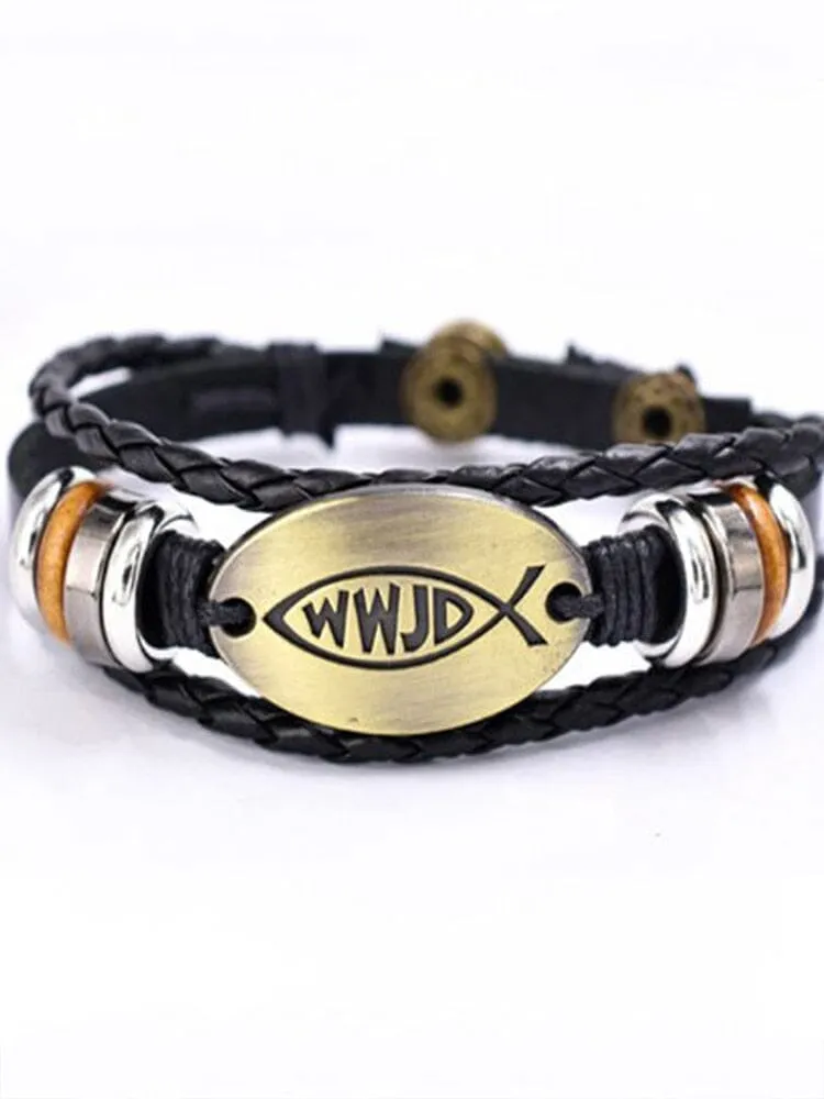 WWJD Fish Leather Bracelet  Jesus Religious Braided Bracelet