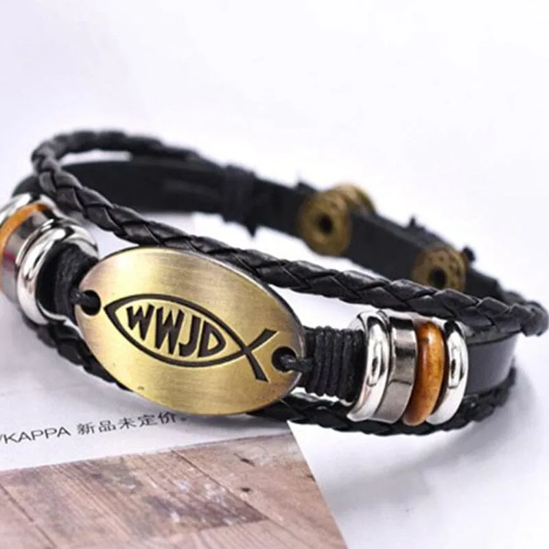 WWJD Fish Leather Bracelet  Jesus Religious Braided Bracelet